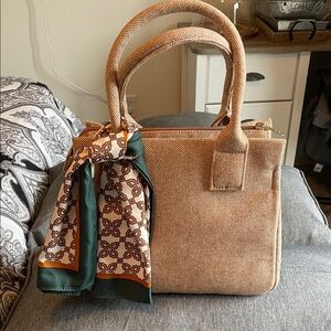 J. Crew Factory Tan Satchel with Patterned Scarf.